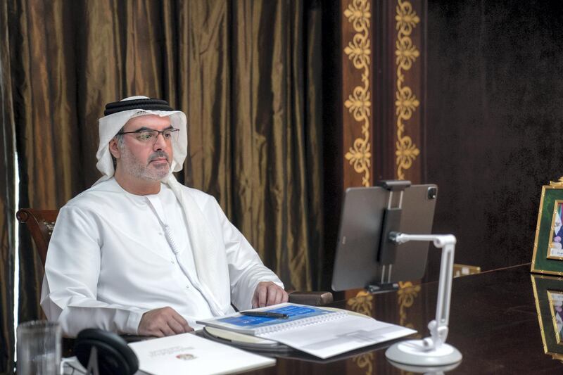 ABU DHABI, UNITED ARAB EMIRATES - November 22, 2020: HH Sheikh Mohamed bin Khalifa Al Nahyan, Abu Dhabi Executive Council Member (C) attends a virtual Supreme Petroleum Council meeting.

( Rashed Al Mansoori / Ministry of Presidential Affairs )
---