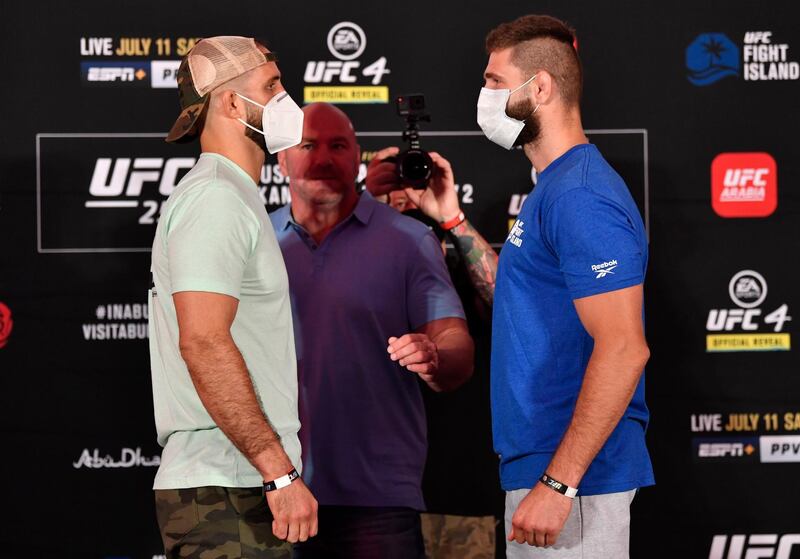 ABU DHABI, UNITED ARAB EMIRATES - JULY 10: (L-R) Opponents Volkan Oezdemir of Switzerland and Jiri Prochazka of the Czech Republic face off during the UFC 251 official weigh-in inside Flash Forum at UFC Fight Island on July 10, 2020 on Yas Island Abu Dhabi, United Arab Emirates. (Photo by Jeff Bottari/Zuffa LLC)