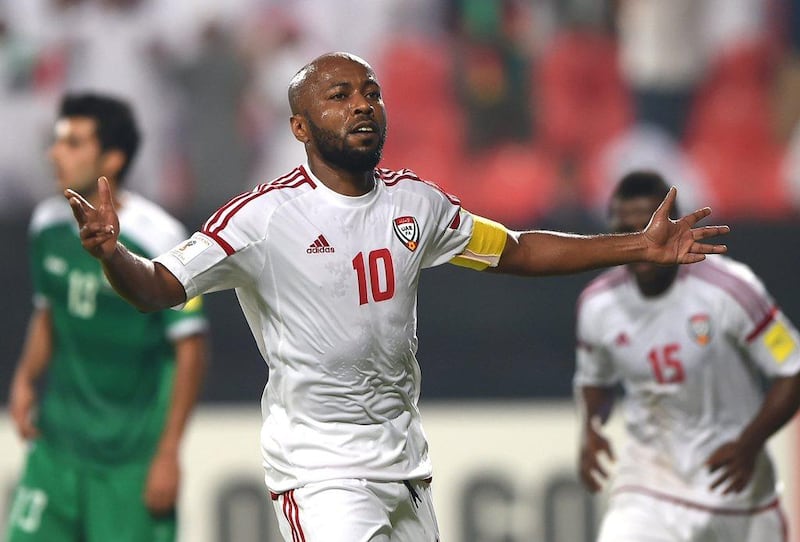 Ismail Matar celebrates scoring the UAE's second goal against Iraq. Tom Dulat / Getty Images