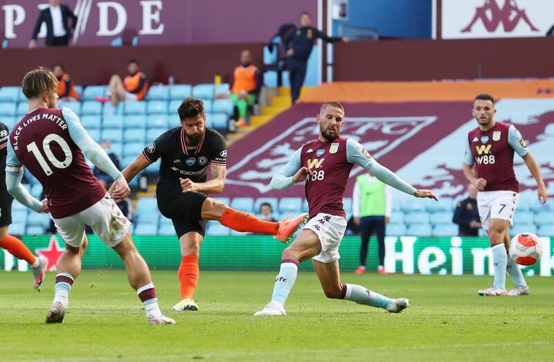 Chelsea attacker Olivier Giroud scores his team's  winner at Villa Park on Sunday, June 21. Chelsea won the match 2-1. Reuters