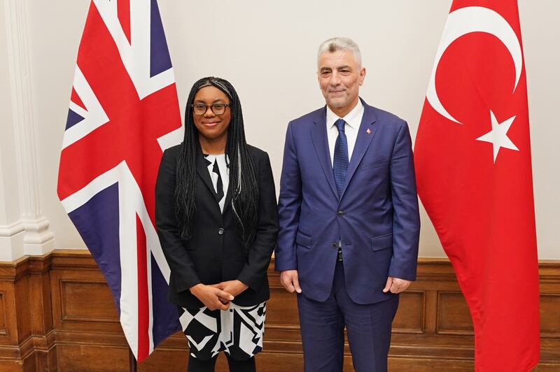 Business Secretary Kemi Badenoch and Turkey's Trade Minister Omer Bolat at the start of talks on an upgraded UK-Turkey free trade agreement, in the Old Admiralty Building, London. Jordan Pettitt/PA Wire