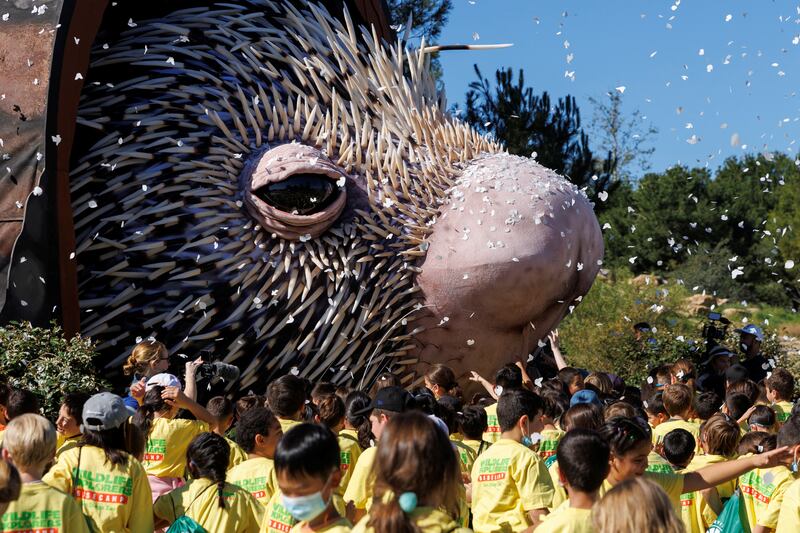 A world record-sized puppet, Percy the Porcupine, built to promote a new area at the San Diego Zoo, is unveiled to schoolchildren in Los Angeles, California. Reuters