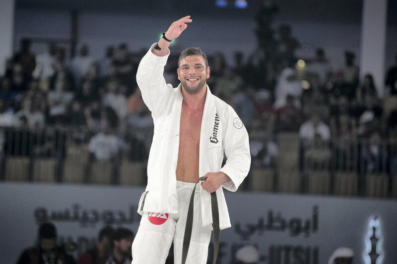 ABU DHABI, UNITED ARAB EMIRATES - April 26 2019.

Joao Rocha (BRA), in white, wins the 110kg final against Yahia Mansoor Al Hammadi (UAE) at Abu Dhabi World Professional Jiu-Jitsu Championship at Mubadala Arena.

(Photo by Reem Mohammed/The National)

Reporter: AMITH
Section: SP