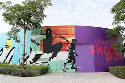 One of David Carson's designs at Aljada Skate Park in Sharjah. Pawan Singh / The National