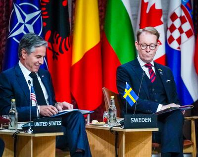 US Secretary of State Antony Blinken and Swedish Foreign Minister Tobias Billstrom during Nato's informal meeting of foreign ministers in Oslo last week. EPA