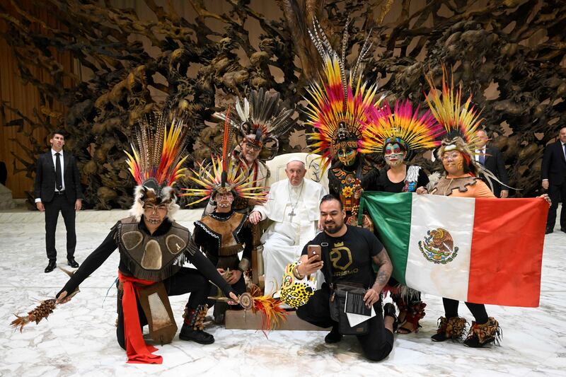 Pope Francis with indigenous people from Mexico after the weekly general audience at the Vatican. Reuters