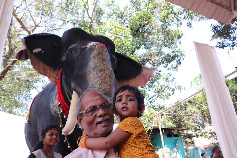 People pose with the robotic elephant in Kerala