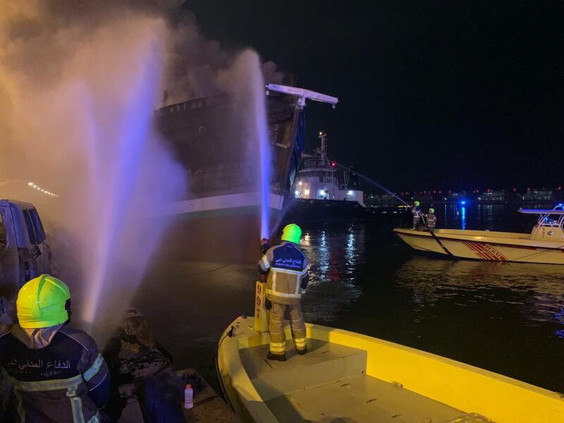 Marine firefighters were the first to respond, after which they were joined by crews from two other fire stations. Photo: Dubai Civil Defence