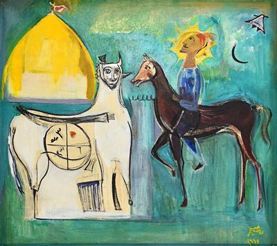 Naziha Selim is the sister of Jewad Selim, and an important artist in her own right. Sultan Sooud Al Qassemi hopes to give her work its due so that she will no longer be known as the “sister of”. Here is an untitled work from 1963 that he acquired. Collection of Barjeel Art Foundation, Sharjah