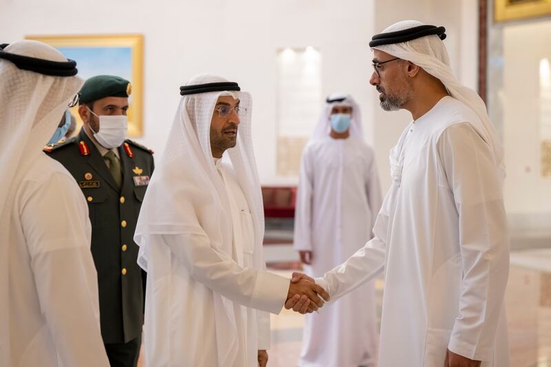 Dr Nayef Al Hajraf, Secretary General of the Gulf Co-operation Council, centre, with Sheikh Khaled bin Mohamed, Chairman of Abu Dhabi Executive Office.