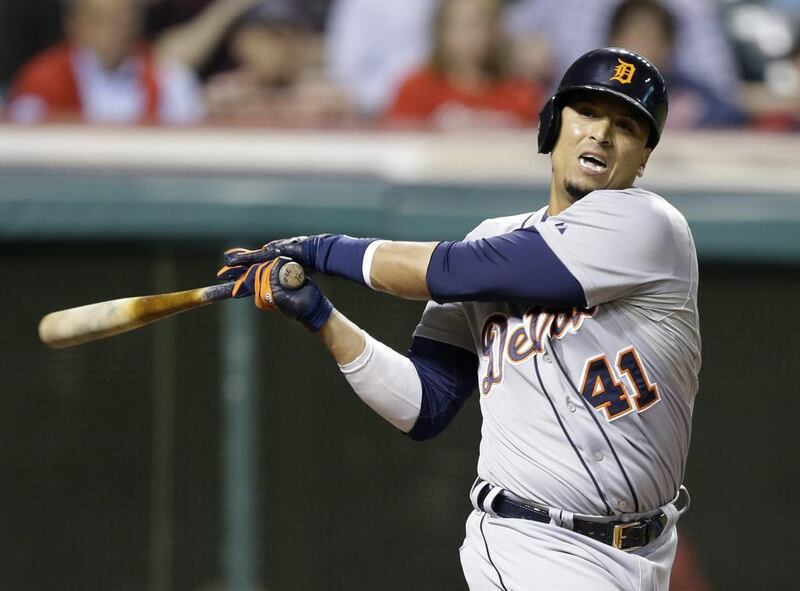 Detroit Tigers' Victor Martinez strikes out swinging, which is a rarity for Martinez, against Cleveland Indians relief pitcher Cody Allen in the ninth inning of a baseball game, Tuesday, May 20, 2014, in Cleveland. The Indians defeated the Tigers 6-2. AP Photo/Tony Dejak