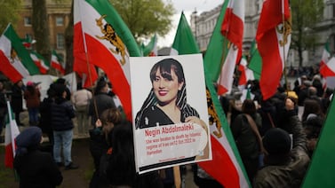 A protest on Sunday opposite Downing Street in London against Iran imposing the death penalty on rapper Toomaj Salehi. Negin Abdolmaleki, 21, was bludgeoned to death in October 2022 by security forces at a rally in Hamadan. PA