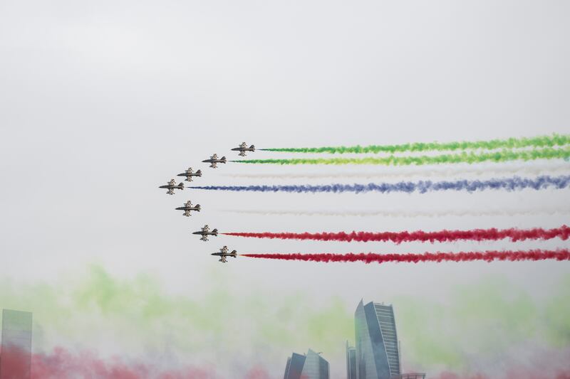 Al Fursan aerobatics team depicted the Kuwaiti flag in the sky. Mohamed Al Blooshi for the UAE Presidential Court