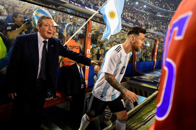 Argentina's Lionel Messi steps onto the field prior to the match. Eitan Abramovich / AFP