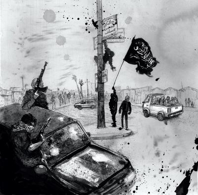 Marwan Hisham’s ‘Brothers of the Gun’, illustrated by Molly Crabapple. Courtesy of Lina Ghaibeh