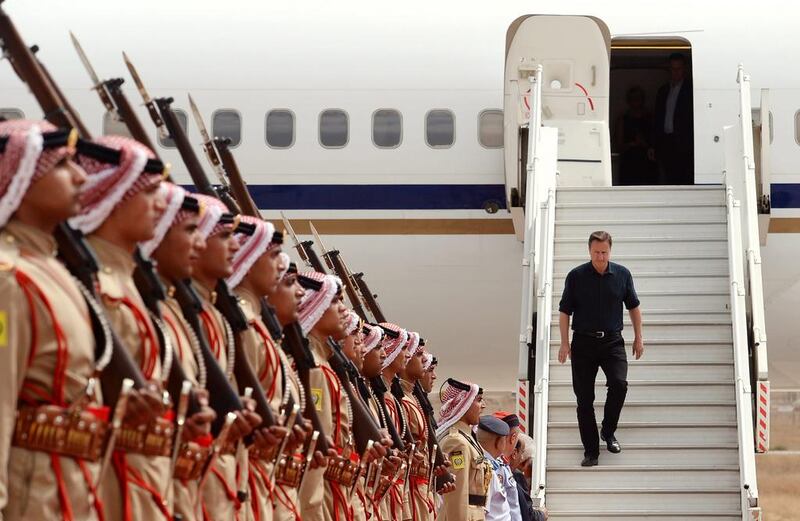 British Prime Minister David Cameron arrives by aircraft in Amman,  Jordan.  Stefan Rousseau / Getty Images