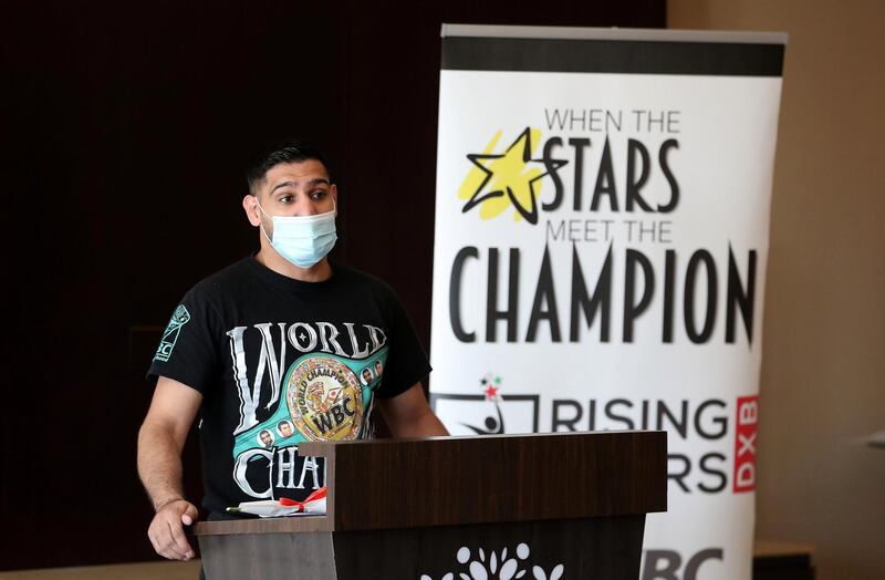 DUBAI, UNITED ARAB EMIRATES , December 28 – 2020 :- Amir Khan, British professional boxer speaking during the Rising Stars (people with determination) event held at the Fairmont The Palm hotel on Palm Jumeirah in Dubai. ( Pawan Singh / The National ) For News/Online/Instagram. Story by Kelly