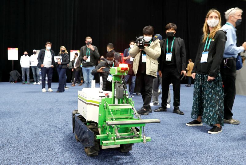 Oz, a fully autonomous farming robot made by Naio Technologies, during a media preview event at CES 2022 in Las Vegas, Nevada. Reuters