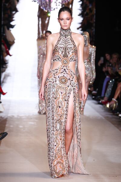 Zuhair Murad takes inspiration from Phoenician mosaics for the spring 2024 haute couture collection. EPA 