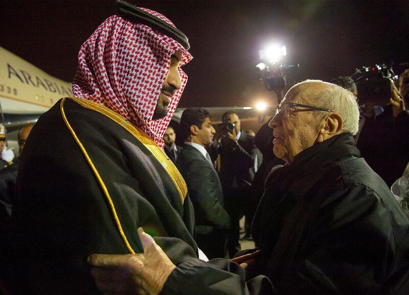 Saudi Crown Prince Mohammad Bin Salman being welcomed by the Tunisian President Beji Caid Essebsi. EPA