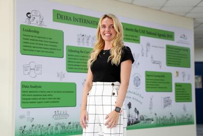 DUBAI, UNITED ARAB EMIRATES , October 12 – 2020 :- Claire Heylin teacher in the primary section at the Deira International School in Dubai Festival City in Dubai. (Pawan Singh / The National) For News/Online. Story by Chris Maxwell. 