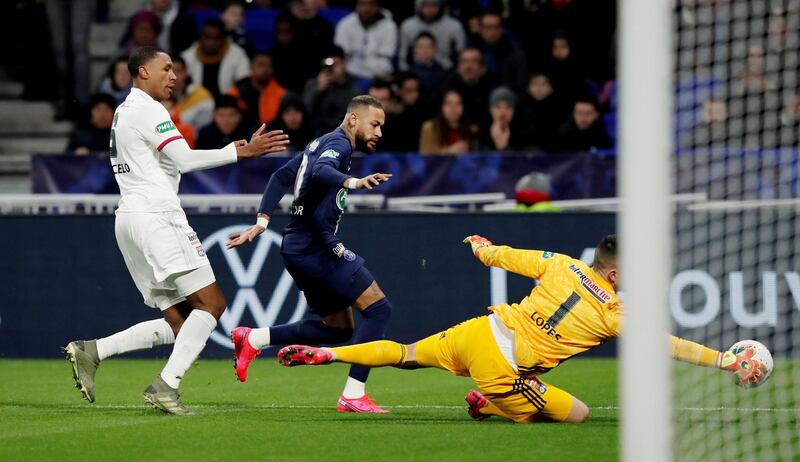 Neymar sees his shot saved by Lyon goalkeeper Anthony Lopes. Reuters