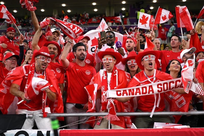 Fans of Canada enjoy the pre match atmosphere prior to the FIFA World Cup Qatar 2022 Group F match between Belgium and Canada at Ahmad Bin Ali Stadium. Getty Images