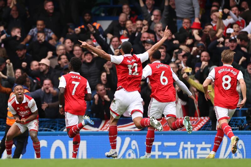 Arsenal's Gabriel, left, celebrates with teammates after scoring. Getty