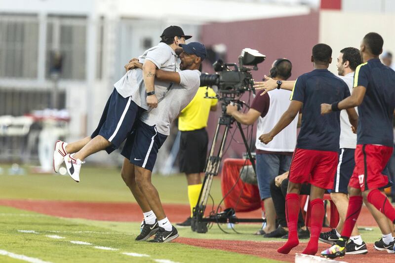 Fujairah, United Arab Emirates, November 4, 2017:    Diego Maradona, head coach of Fujairah football club, celebrates his team scoring against Al Orouda during their UAE first division regular season match at the Fujairah stadium in Fujairah on November 4, 2017. Christopher Pike / The National

Reporter: John McAuley
Section: Sport