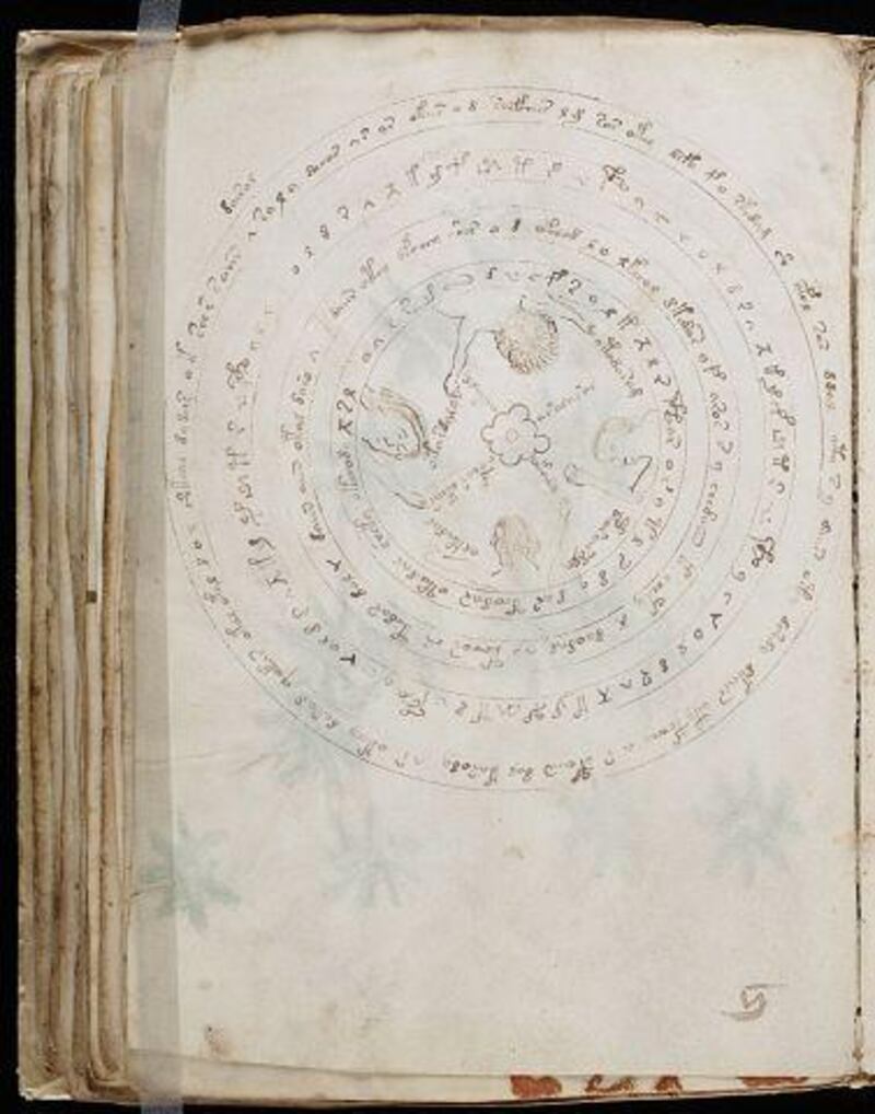 A page from the Voynich Manuscript, showing some of the strange and so-far undeciphered symbols within.