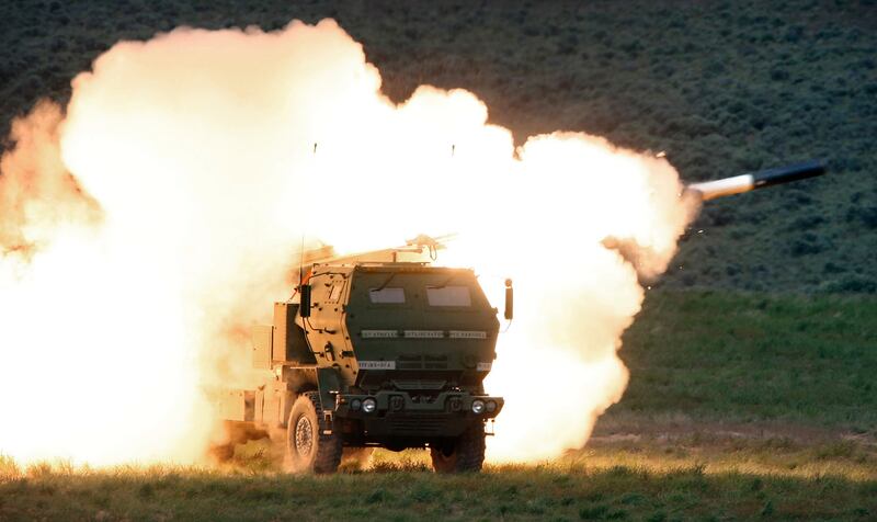 A vehicle fires the Himars during combat training in Yakima, Washington state. The Olympian / AP