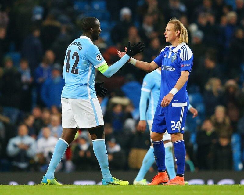 Yaya Toure of Manchester City and Domagoj Vida of Dynamo Kiev shake hands after the UEFA Champions League round of 16 second leg match between Manchester City FC and FC Dynamo Kyiv at the Etihad Stadium on March 15, 2016 in Manchester, United Kingdom. (Photo by Alex Livesey/Getty Images)