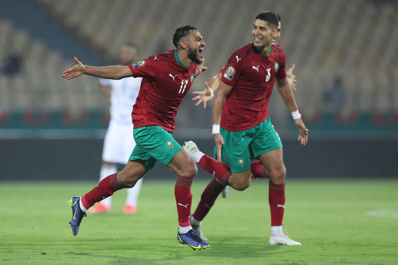 Sofiane Boufal, left, celebrates after scoring for Morocco against Ghana during their Africa Cup of Nations match. AFP