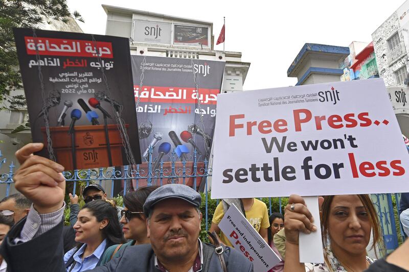Journalists demand greater press freedom during protest in Tunis last May. AFP