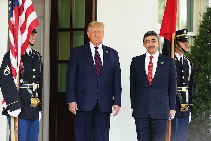 Sheikh Abdullah bin Zayed, UAE Minister of Foreign Affairs and International Co-operation, is welcomed to the White House by US President Donald Trump. EPA