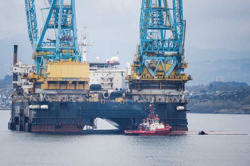 The crane ship damaged in an incident during a lifting operation in a fjord outside Stavanger, Norway. Reuters