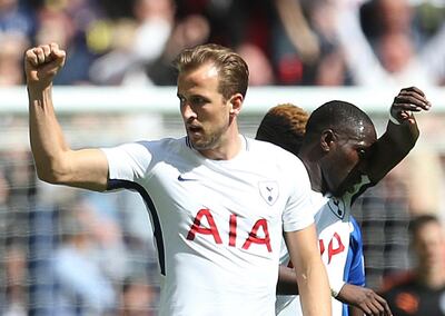 Tottenham Hotspur's Harry Kane celebrates scoring his side's first goal of the game during the English Premier League soccer match between Tottenham Hotspur and Leicester City, at Wembley Stadium, in London, Sunday May 13, 2018. (Steven Paston/PA via AP)