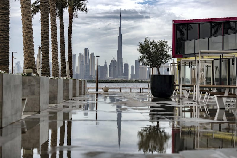 Dubai, United Arab Emirates - Reporter: N/A: Weather. Dramatic skies over the Dubai skyline including the Burj Khalifa after heavy rain. Saturday, March 21st, 2020. Dubai Creek Harbour, Dubai. Chris Whiteoak / The National