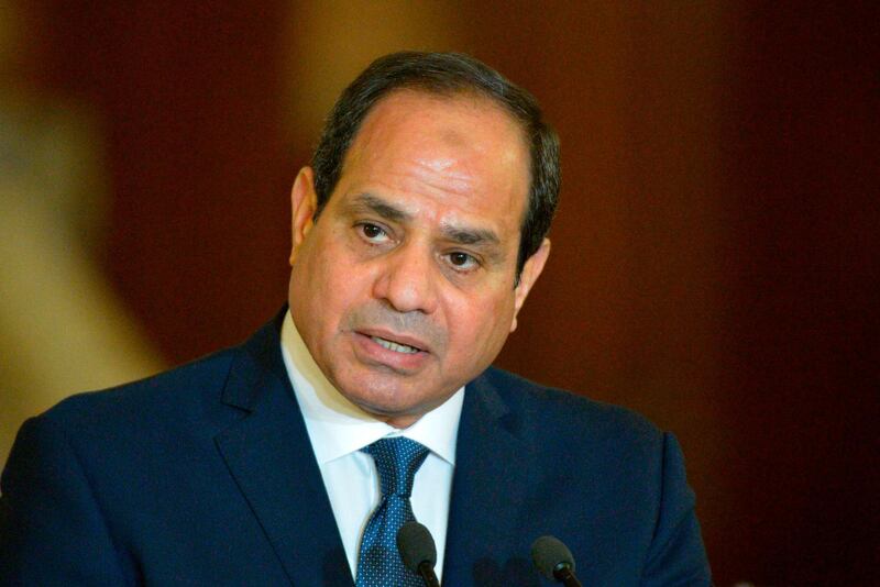 (FILES) In this file photo taken on March 02, 2017, Egyptian President Abdel Fattah al-Sisi speaks at a press conference with Germany's chancellor, following their meeting in Cairo. Since ascending to power in 2014, Egypt's general-turned-president Abdel Fattah al-Sisi has imposed himself as an uncontested leader, stamping out opposition despite criticism by rights groups. / AFP / KHALED DESOUKI
