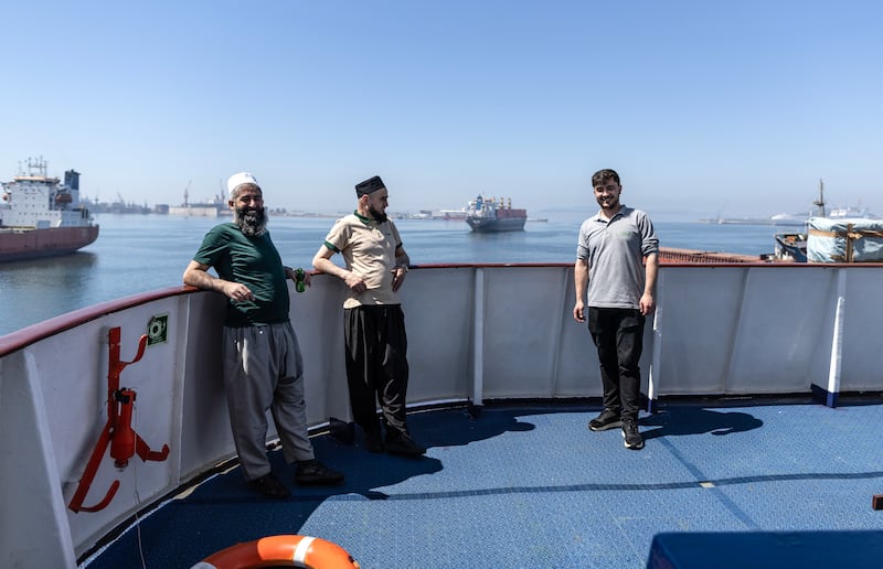 Members of the Human Rights and Freedoms and Humanitarian Relief Foundation on the Akdeniz RoRo ship in Istanbul, Turkey, on April 15. EPA