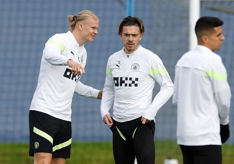 Manchester City's Erling Braut Haaland and Jack Grealish during training at the Etihad Campus. Action Images