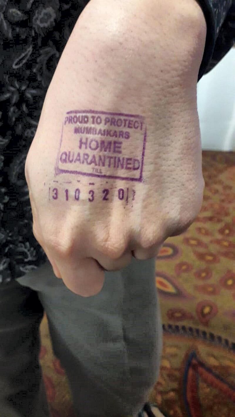 Stamp being used on passengers at Mumbai airport in India from today onwards. 
This is in indelible ink, will be stamped on the left hand of travellers and will last about 14 days. It is to ensure that people who have been asked to remain indoors will stay at home during the quarantine period. Courtesy: Brihanmumbai Municipal Corporation 
