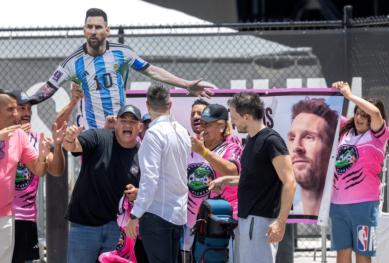 Fans wait ahead of the arrival of Lionel Messi to the DRV PNK Stadium, the home of the Inter Miami. EPA
