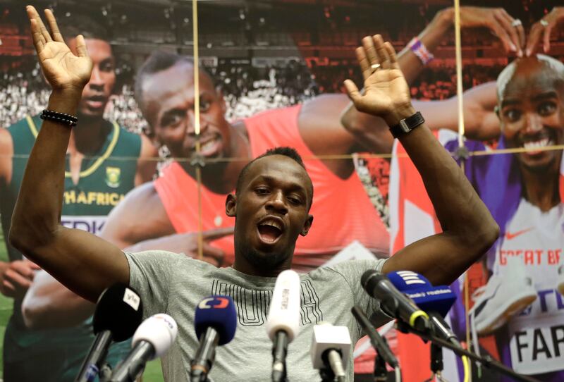 Jamaica's sprinter Usain Bolt speaks to the media ahead of the Golden Spike Athletic meeting in Ostrava, Czech Republic, on Monday. Petr David Josek / AP Photo