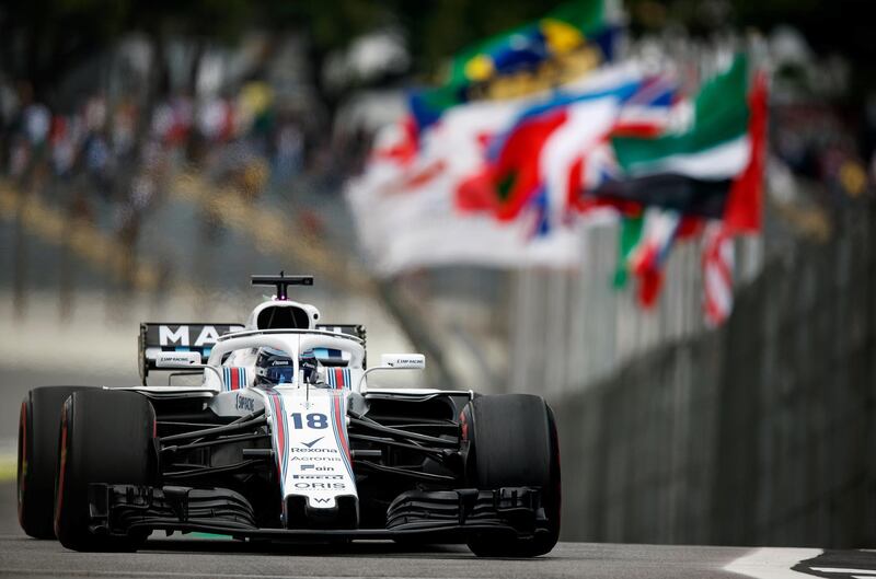 SAO PAULO, BRAZIL - NOVEMBER 09: Lance Stroll of Canada driving the (18) Williams Martini Racing FW41 Mercedes on track during practice for the Formula One Grand Prix of Brazil at Autodromo Jose Carlos Pace on November 9, 2018 in Sao Paulo, Brazil.  (Photo by Lars Baron/Getty Images)