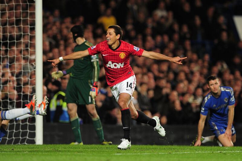 LONDON, ENGLAND - OCTOBER 28:  Javier Hernandez of Manchester United celebrates his goal during the Barclays Premier League match between Chelsea and Manchester United at Stamford Bridge on October 28, 2012 in London, England.  (Photo by Shaun Botterill/Getty Images) *** Local Caption ***  154884046.jpg