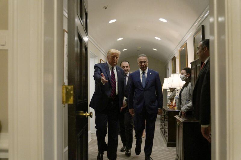 US President Donald Trump receives Iraq's Prime Minister Mustafa Al Kadhimi in the Oval Office at the White House in Washington, August 20, 2020. Reuters