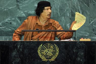 Muammar Qaddafi speaks to the United Nations General Assembly in New York in 2009. EPA