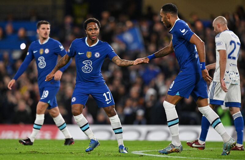 Raheem Sterling celebrates after scoring Chelsea's first goal. AFP