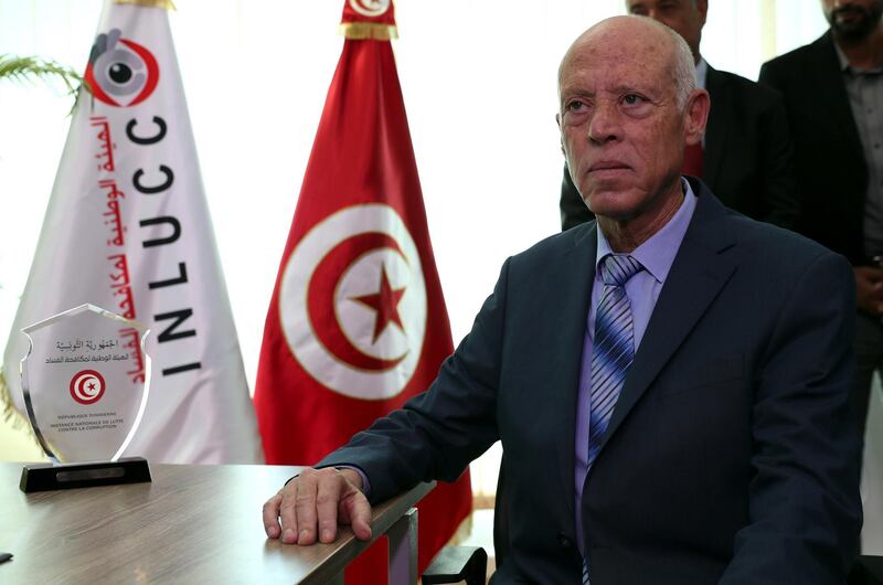 epa07938702 Newly-elected Tunisian President Kais Saied presents statement of his property at the headquarters of the Tunisian anti-corruption authority (INLUCC) in Tunis, Tunisia, 21 October 2019. According to the constitution requirements, Kais Saied declared his property at the anti-corruption authority before taking office on 23 October 2019.  EPA/MOHAMED MESSARA